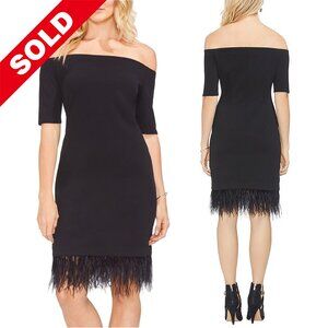 Vince Camuto Dress Womens 2X Black Edge off Shoulders Slv Ostrich Feathers Hem